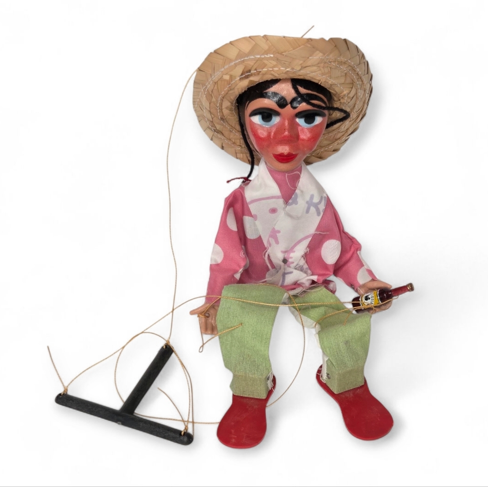 Vintage Mexican Marionette Puppet with Sombrero Handcrafted Folk‎ Art Doll